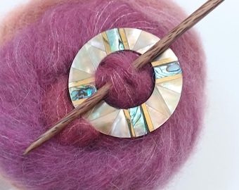 Shawl Pin, Round Inlaid Abalone Shell and Brass Shawl Brooch, Handcrafted Knitwear Jewelry