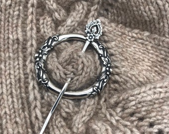 Round White Brass Floral Shawl Pin, Jul Designs Silver Third Eye Charka Shawl Pin, Handcrafted Metal Sweater Pin Closure, Knitwear Jewelry