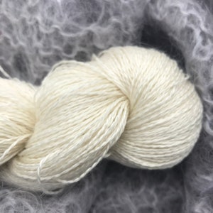 May include: A close-up of a skein of off-white yarn, tightly wound, with a soft, textured appearance. The yarn is set against a blurred background of gray, fluffy material, suggesting a knitting or crochet project.