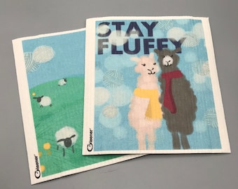 Stay Fluffy Sheep Swedish Dishcloths Set of 2 | ECO Friendly Absorbent Cleaning Cloth | Reusable Cleaning Wipes / Knitting Gift