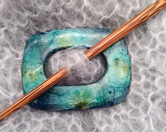 Blue Green Mahogany Wood Rectangle Shawl Pin, Handcrafted Brooch for Handknits, Knitwear Jewelry