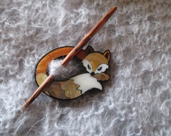 Fox Shawl Pin, Inlaid Shell Fox Shawl Pin, Abalone Shell Shawl Pin, Wood Shawl Pin, Sweater and Shawl Closure, Scarf Pin, Fox Brooch