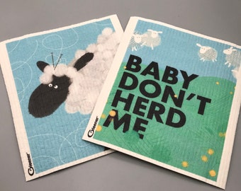 Baby Don't Herd Me Sheep Swedish Dishcloths Set of 2, Reusable ECO Friendly Absorbent Cleaning Cloth Wipes, Gift For Home