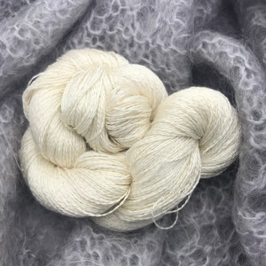 May include: A close-up shot of two skeins of off-white yarn, tightly wound and textured, resting on a soft, gray, fuzzy fabric. The yarn appears to be made of a natural fiber, possibly silk or a similar material, ideal for knitting or crochet projects.