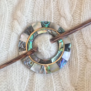 Shawl Pin, Inlaid Abalone Shell and Brass Round Shawl Pin Brooch, Circular Scarf and Sweater Closure