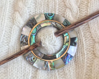 Shawl Pin, Inlaid Shell Shawl Pin, Abalone Shell and Brass Shawl Pin, Round shawl Pin, Circular shawl Pin