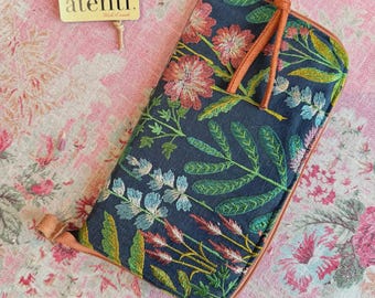 Atenti Blue Embroidered Needles and Tools Case for Knitting and Crochet in Meadow Pattern, Handmade in USA
