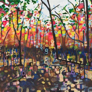 May include: An abstract painting of a forest scene with colorful foliage and dark tree trunks. The artwork features a vibrant mix of red, yellow, green, and blue hues, creating a dynamic and lively composition. The artist's signature and the year 2023 are visible in the lower right corner.