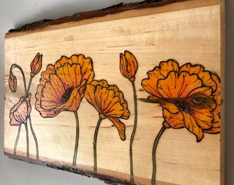 Poppy flower wood art, wood burned panel with orange poppies