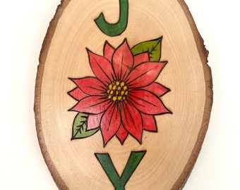 JOY holiday wood art, wood burned and painted by hand wall art