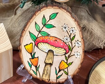 Flower mushroom wood art mini, wood burned painting wildflowers and mushrooms
