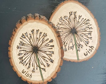 Wood Burned Dandelion Wish Art: Tree Slice Wall Decor