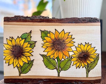 Sunflower wood art, wood burned panel with sunflowers