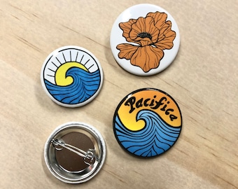 Hand Drawn Wave, Poppy, Pacifica Pinback - Two Rabbits Art