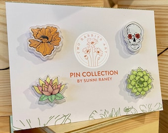 Nature acrylic pin pack, poppy flower, succulent, lotus, skull pins