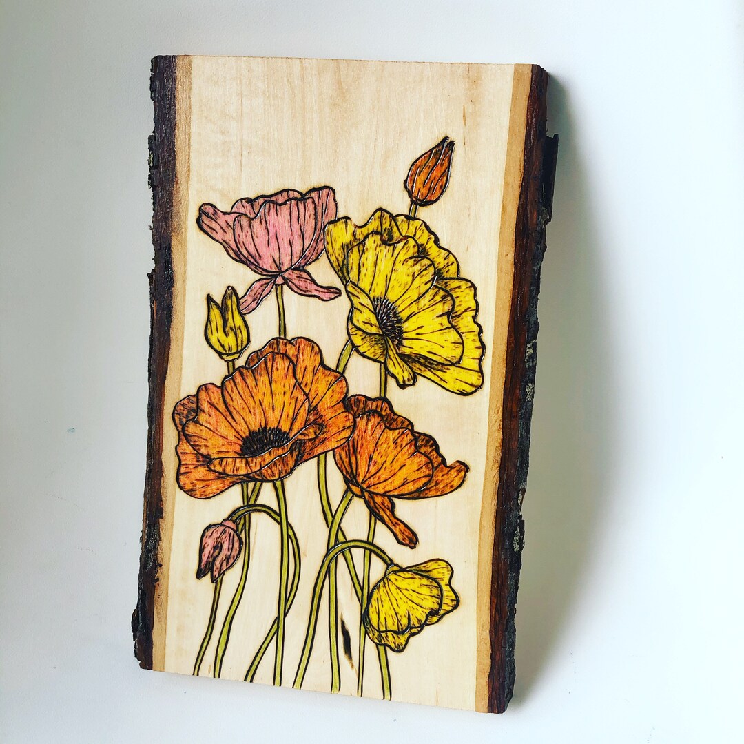Wood Burned Poppy Flower Art: Handmade Floral Wood Slice Painting - Etsy