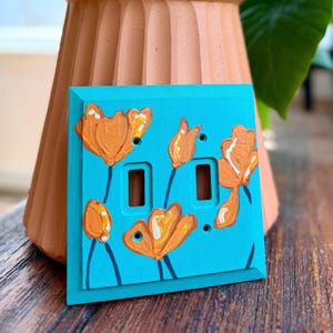 Hand painted switch plate covers, whimsical floral design light switch plates Double aqua poppies