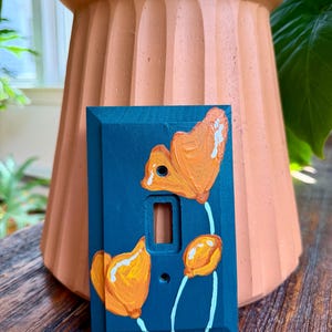 Hand painted switch plate covers, whimsical floral design light switch plates Single blue poppies