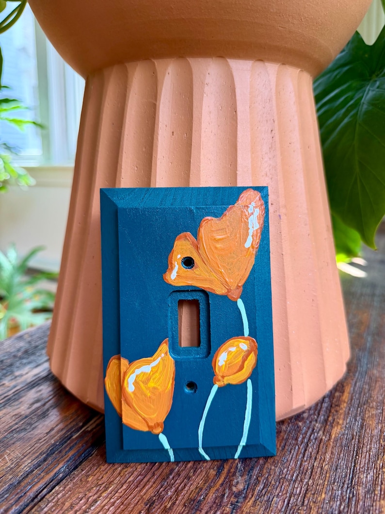 Hand painted switch plate covers, whimsical floral design light switch plates Single blue poppies