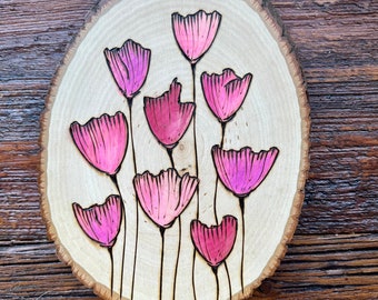 Handmade Woodburned Pink Poppy Flower Painting on Tree Slice