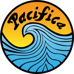May include: A circular logo with a stylized wave in blue and white, set against a yellow to orange gradient background. The word "Pacifica" is written in a black, stylized font.