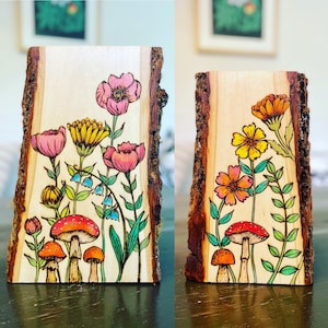 Flower mushroom wood art, wood burned painting wildflowers and mushrooms