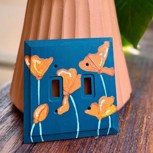 Hand painted switch plate covers, whimsical floral design light switch plates Double blue poppies