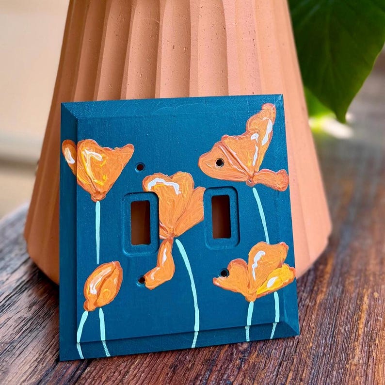 Hand painted switch plate covers, whimsical floral design light switch plates Double blue poppies