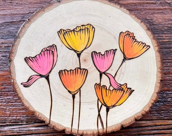 Handmade Wood Burned Poppy Flower Art on Tree Slice (7x8")