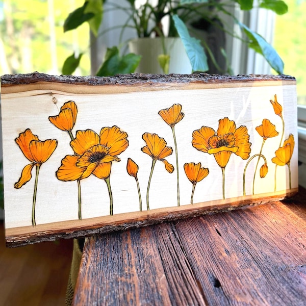 Hand-burned Orange Poppy Wood Art, Hand-Painted Wall Decor Slice