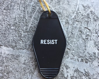 RESIST Hotel Key Chain in Black and White by Minor Thread Motel Key Fob Free US Shipping