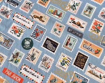 DESTASH Rifle Paper Co. Bon Voyage Travel Postage Stamps Light Blue Quilting Cotton 40 Inches