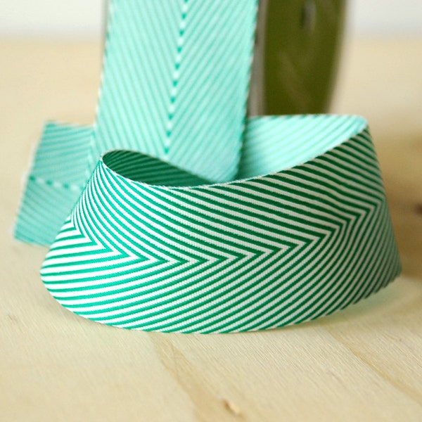 1.5" Chevron Ribbon in Green and White Stripe - 25 Yards - May Arts Ribbon