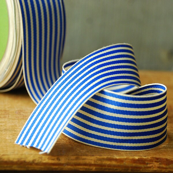 Remnant: 4 Yards of Royal Blue and Ivory Striped Grosgrain Ribbon 1.5" wide