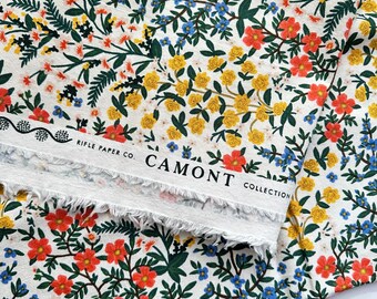 DESTASH Rifle Paper Co. Camont Floral  English Garden Roses Canvas Fabric 58 Inches Yellow Blue Red Remnant