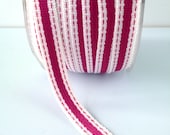Striped Ribbon 3/8" Wide - Fuchsia with Ivory Border - Woven Fabric Ribbon with Stitched Edge 5 Yards