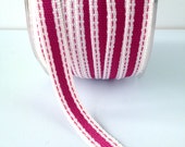 Striped Ribbon 3/8" Wide - Fuchsia with Ivory Border - Woven Fabric Ribbon with Stitched Edge 5 Yards