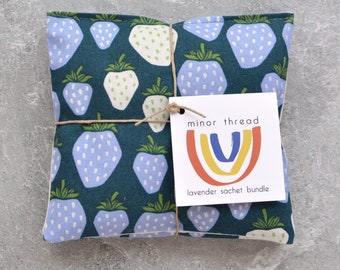 Giant Strawberries in Blue Cotton Lavender Sachet Bundle Aromatherapy Relaxing Self Care