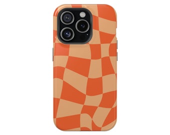 Retro 70s Groovy Orange Checkerboard Pattern Premium Quality MagSafe Protective Tough Phone Case iPhone 13 14 15 Pro Plus Pro Max Mini