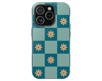 Rétro années 70, motif en damier de fleurs groovy, coque de protection robuste MagSafe de qualité supérieure pour iPhone 13 14 15 Pro Plus Pro Max Mini