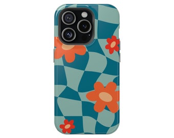 Retro 70s Groovy Flower Checkerboard Pattern Calidad Premium MagSafe Protective Hard Phone Case iPhone 13 14 15 Pro Plus Pro Max Mini