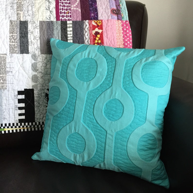 Modern Appliqué Quilted Pillow Modern Accent Pillow Aqua Appliqué Pillow Monochromatic Pillow image 1