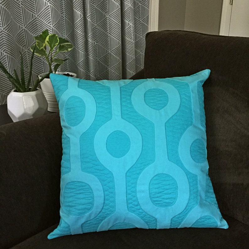 Modern Appliqué Quilted Pillow Modern Accent Pillow Aqua Appliqué Pillow Monochromatic Pillow image 4