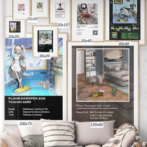 May include: A digital illustration of a maid character holding a mop in a room with a futuristic design. The image is framed and labeled "FLOOR-SWEEPER.SGB TOKENID 2289". The text below the image lists the supply, utility, and traits of the character. The image is 100 inches by 75 inches.