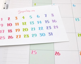Multicolor Handlettered Date Bujo Planner Stickers: Various Sizes | Countdown Day Cover DIY Calendar Numbers Undated  Hobo TN DAT18