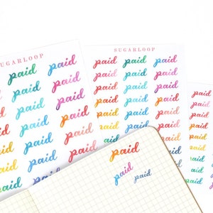 Pegatinas para agenda y diario con facturas pagadas: Etiquetas coloridas para diario escritas a mano