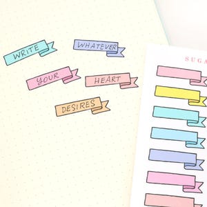 Adesivi per pianificatore Banner Flag Bujo: 1,5" (38 mm) / Doodle disegnato a mano pastello intestazione da fare compiti faccende scrivibili giorno data mese promemoria FLG11