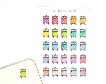 May include: A sheet of colorful suitcase stickers with the text "SUGARLOOP" at the top. The stickers are in various colors, including pink, yellow, green, blue, purple, orange, and gray. A single sticker is placed on a dotted notebook.