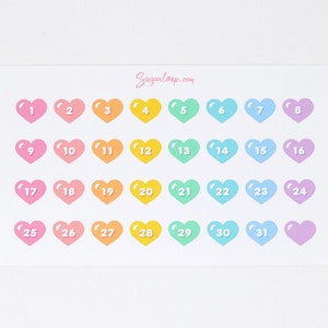 Kawaii Cute Heart Date Bujo Planner Stickers Day Cover Diary 1-31 DIY Countdown Calendar Numbers Undated Hobo TN DAT24 image 2