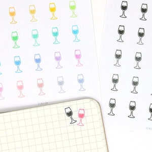 ワイングラスアイコン Bujo プランナーステッカー: レインボーまたはニュートラル | ワインタイムドリンクワインオクロックパーティーイベントリマインダーワーク ICN13